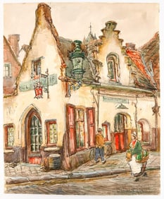 Artist Unknown, Signed Watercolor on Paper, Belgian Village Street Scene