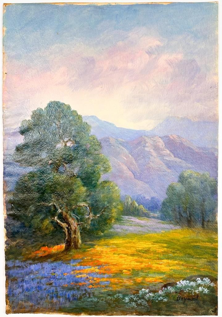 Signed Bryant Oil on Paper, California Poppies Wildflowers: Signed on the bottom right corner. Appears to be in good condition with small holes on the edges from previous mounting. Paint appears to be stable with no visible cracks. Painting is approximately 19