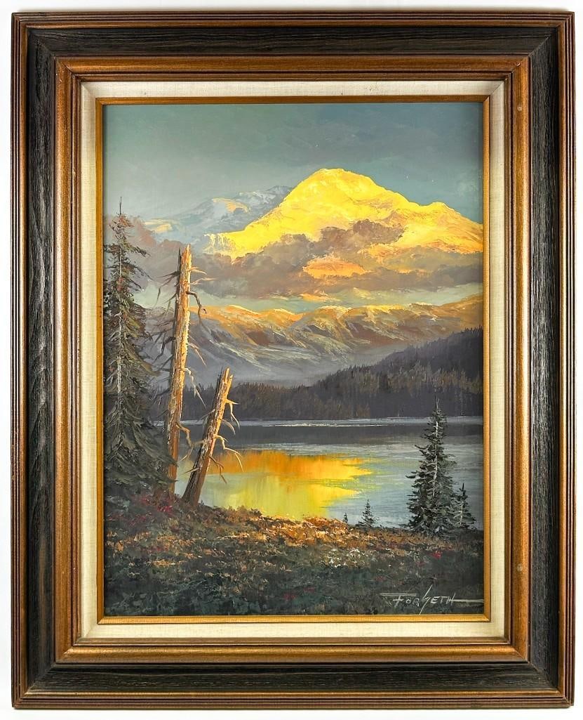 Carroll Forseth (20/21st century) Oil on Canvas, Pacific Northwest Mountain Lake Landscape: Signed at lower right. Carroll Forseth is active/lives in Arizona, Colorado, Alberta / Canada. Condition: Excellent. Dimensions: Visible approx. 25.5 in. H x 17.5 in. W. Frame approx. 32 in. H x 26
