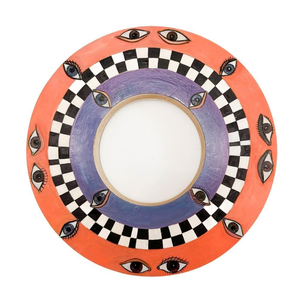 Renee Petropoulos (b. 1954) Oil on Composite Wood, Untitled Wall Art with Eyes: Depicts a checker pattern with eyes on a circular wood panel with a hole in the center. Condition: Good condition, light surface wear. Dimensions: Approximately 10 in H x 10 in W x 1.25 in D. Wei