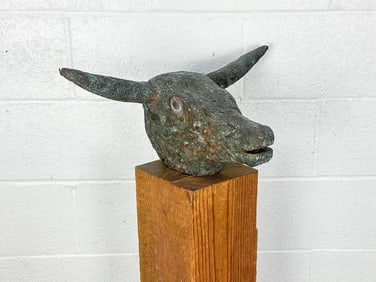 Annette Bird (20th Century) Wood Metal Sculpture of Bull Head on Pedestal