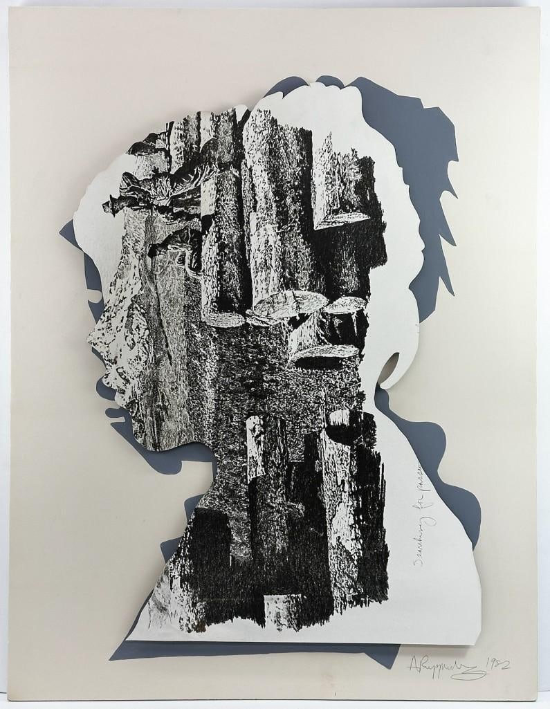 Allen Ruppersberg (b. 1944) Mixed Media Pencil Signed 1982: Three dimensional silhouette mounted to painted foam core on wood frame. Condition: Some areas of discoloration and scuffs. Bend at lower left area of silhouette. Print is lifting near top left