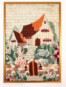 Ernestine D. Richter, Crewel Embroidery, Cottage Scene, 1926