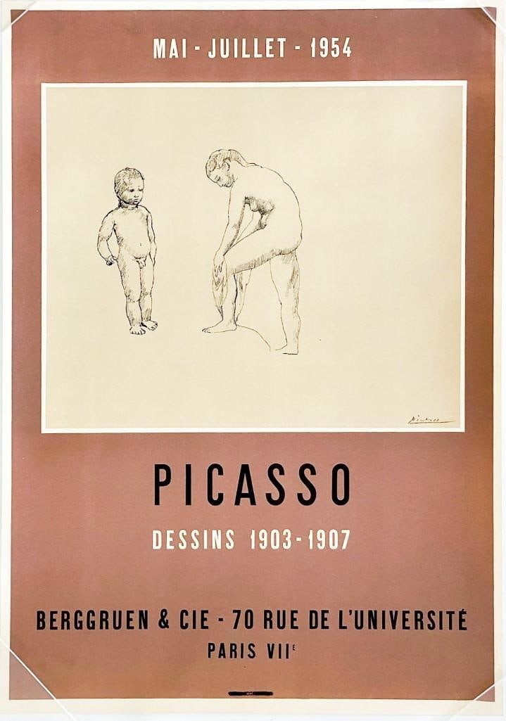 Pablo Picasso Exhibition Litho Poster Dessins 1903-1907 1954: Original lithograph for exhibition at Berggruen & Cie, Paris VII. Printed by Mourlot, Paris 1954. Good condition. Small bend at upper edge. Approx. 24.25 in x 17 in.
