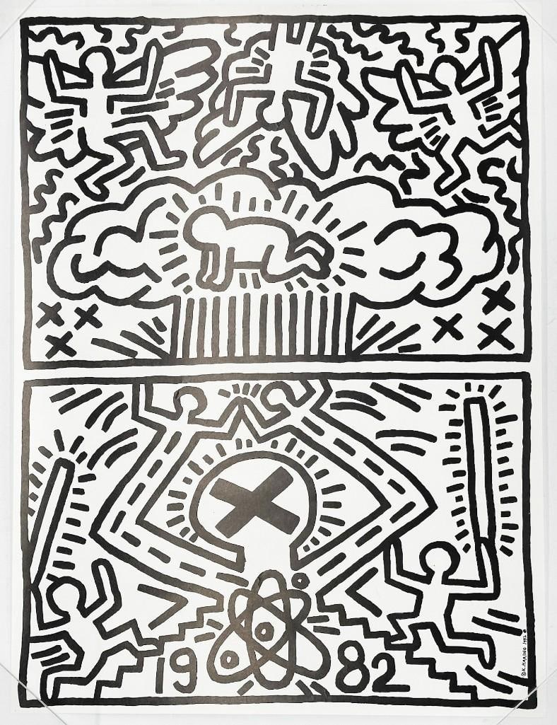 Keith Haring Poster for Nuclear Disarmament 1982: Original 1982 poster. Condition: Very good. Some soft handling creases. Dimensions: Approximately 24 in H x 18 in W. 