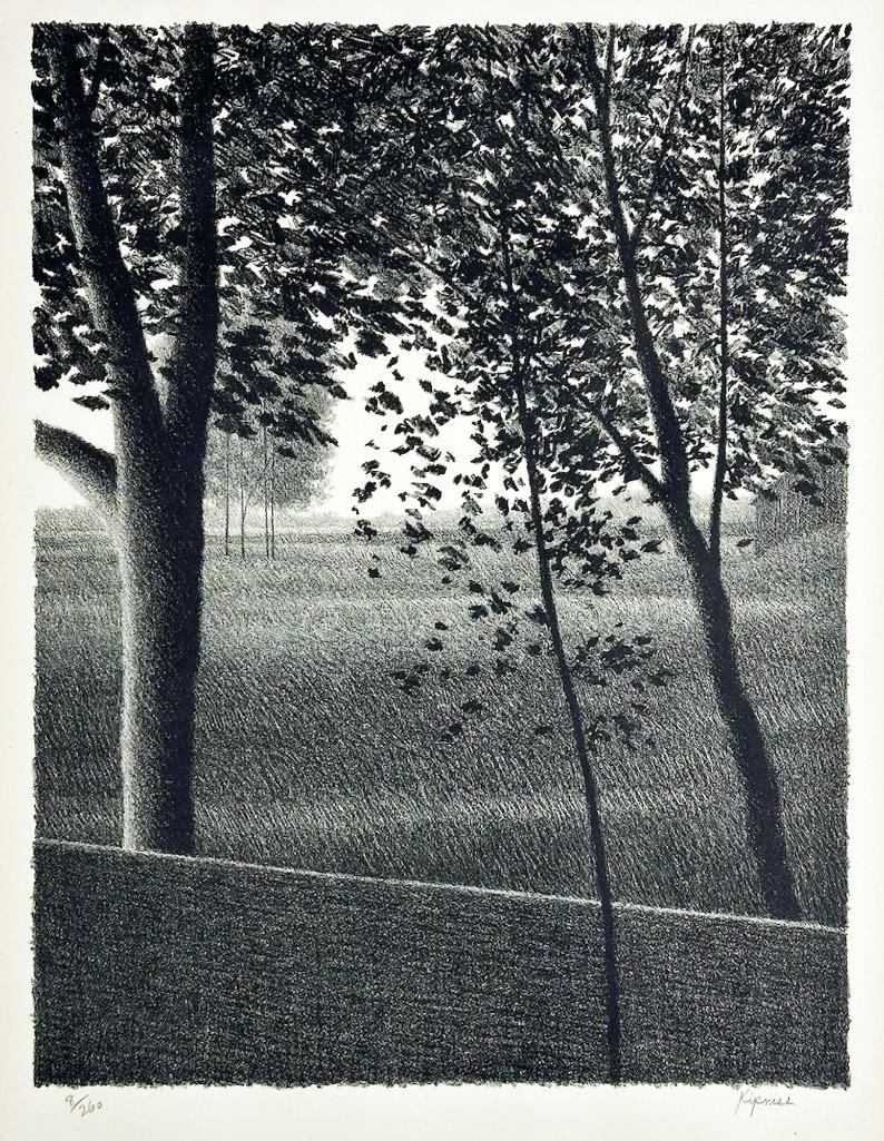 Robert Kipniss (b.1931) Pencil Signed Lithograph 8/260: Trees with field and barn in background. Condition: Very good. Some mild discoloration. Dimensions: Approximately 18 in H x 13 in W. 