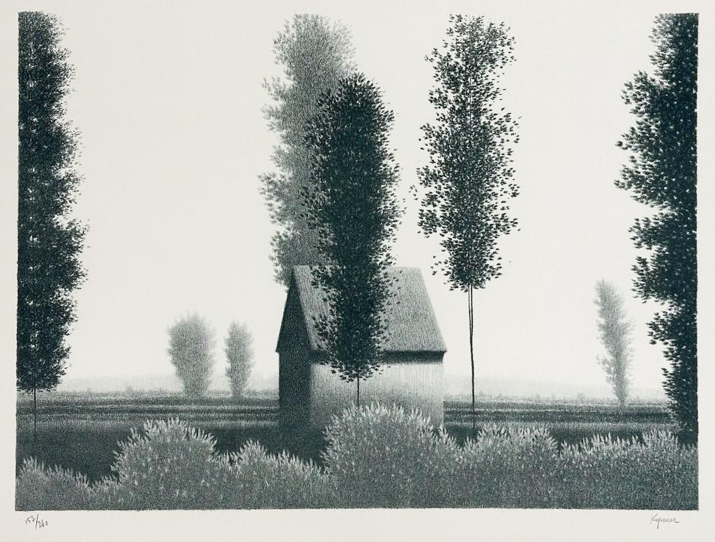 Robert Kipniss (b.1931) Pencil Signed Lithograph 152/260: House or barn with trees. Condition: Very good. Some very mild discoloration. Tape adhesive residue on back top edge. Dimensions: Approximately 15.5 in H x 19 in W.