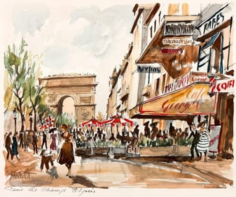 Franz Herbelot, Hand Tinted Lithograph on Paper, Paris, Les Champs Elysees