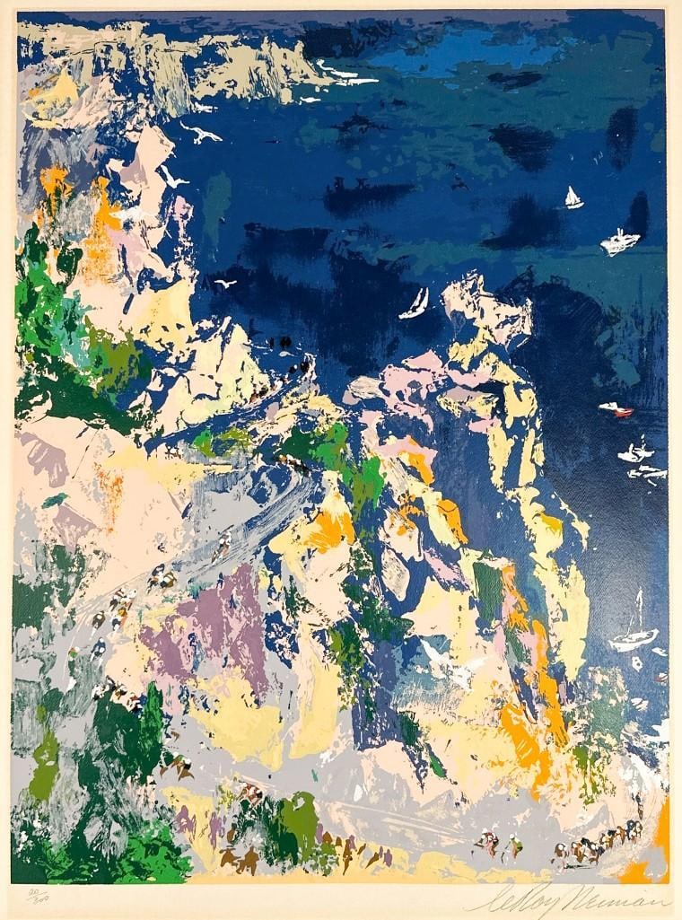 Leroy Neiman (1921-2012) Signed Serigraph 20/300 Bikes And Boats 1973: Hand signed in pencil lower right. Titled "Bikes And Boats," 1973. Numbered 20/300 lower left. Discoloration on edges from previous mat. Tape residue on back top and bottom edges. Approx. 34.5 in. H x