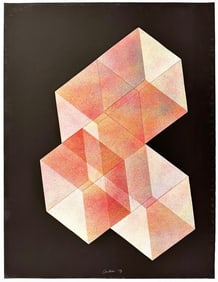 Artist Unknown Acrylic on Paper Geometric Shapes on Black Field 1973