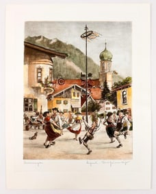 Ernst Geissendorfer (1908-1993) Tinted Etching on Paper, Oberammergau Germany