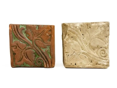 Lot of Two Antique Batchelder Tiles w/ Leaf Design