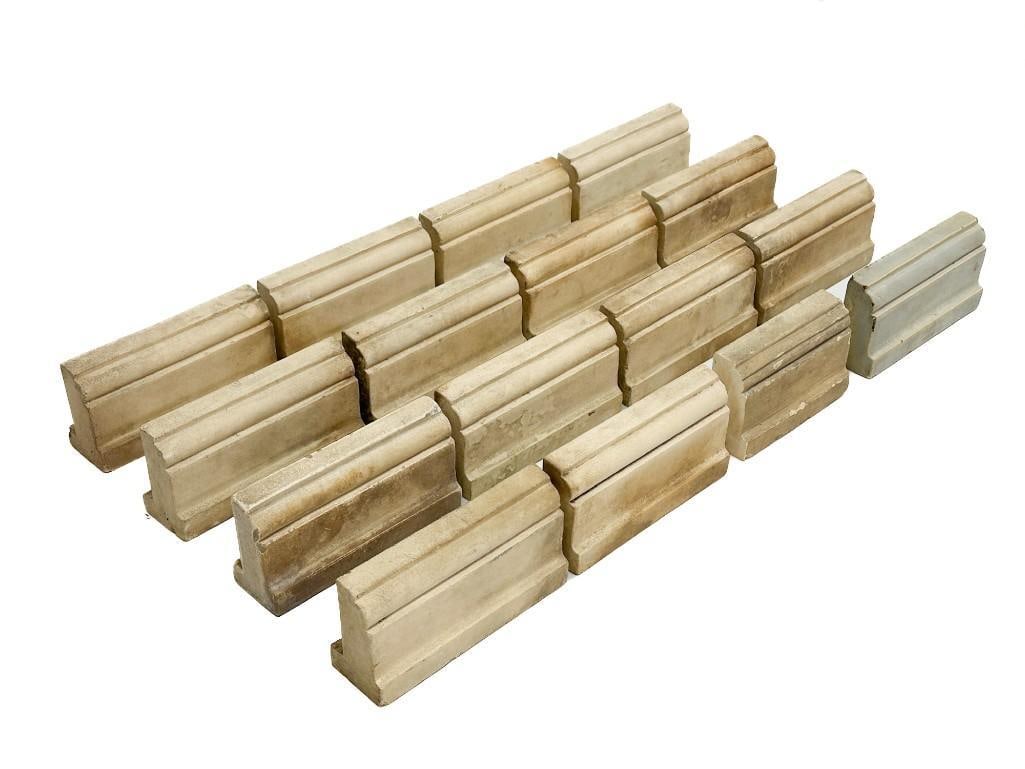 Lot of 16 Antique Batchelder Trim Tiles: Some are marked and some are unmarked. Condition: Some chips. Some wear. Dimensions: Sizes range 3 in H x 4.75 - 6 in W x .25 - 1.5 - 1.75 in D. Weighs 19 lbs 15 oz.