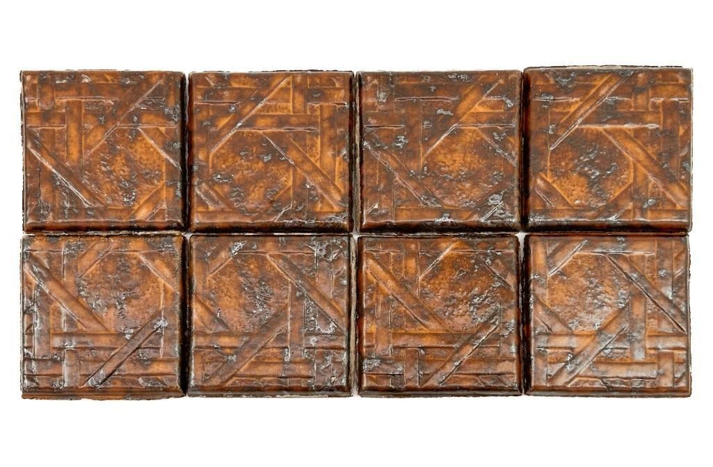 Lot of 70+ Vintage Franciscan Terra Floor Tiles: Terracotta tiles have the Cane pattern with a Flashed Walnut color. Condition: Overall good condition. Some chips. Dimensions: Each tile is approximately 4 in H x 4 in W x 0.25 in D. Total weight is a