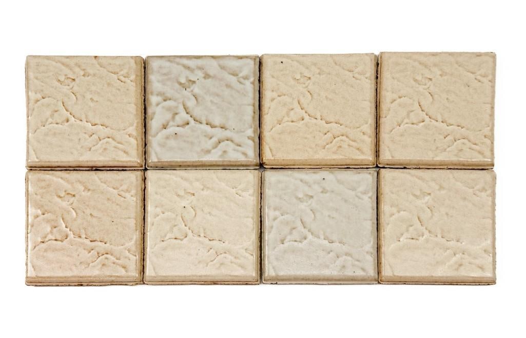 Lot of 34 Vintage Franciscan Terra Floor Tiles: Terracotta tiles have the Pebble pattern with a mix of Warm White and Glacier colors. Condition: Overall good condition. Some chips. Dimensions: Each tile is approximately 4 in H x 4 in W x 0.25 in D.