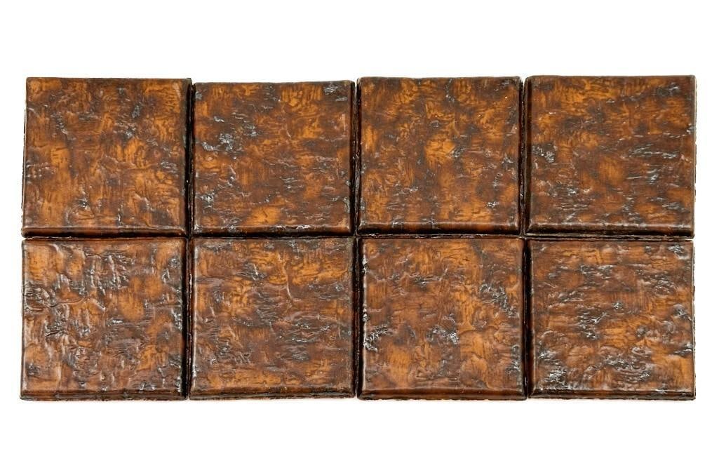 Lot of 10 Vintage Franciscan Terra Floor Tiles: Terracotta tiles have the English Reed pattern with a Flashed Walnut color. Condition: Overall good condition. Some chips. Dimensions: Each tile is approximately 4 in H x 4 in W x 0.25 in D. Total wei
