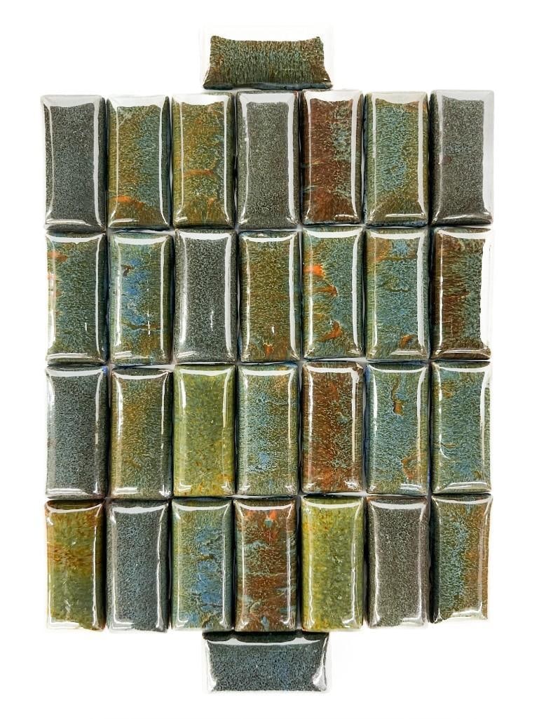 Lot of 30 Antique Malibu Potteries Ceramic Pillow Tiles: Ceramic tiles are a glossy blue with green and brown oxides. Condition: Overall good condition. Some chips. Dimensions: Each tile is approximately 3.75 in H x 1.75 in W x 0.75 in D. Total weight is
