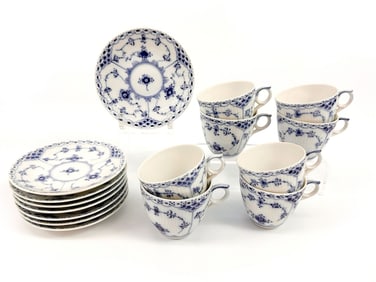 Set of 8 Royal Copenhagen Blue Fluted Half Lace Cups & Saucers
