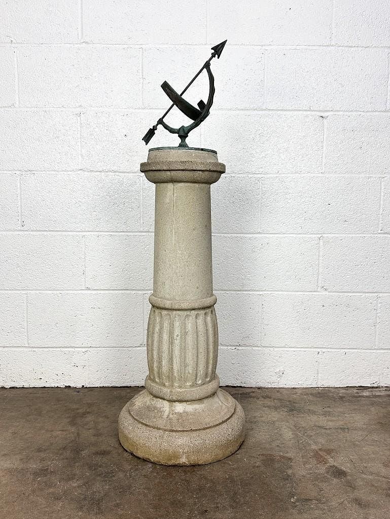 Armillary Sphere Sundial On Cement Pedestal w/ Astrological Signs: One piece. Metal sundial on cement pedestal with cast images of all astrology signs. Sundial is approx. 41 in H x 15 in dia.