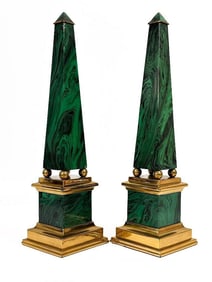 Pair Maitland Smith Faux Malachite Obelisks