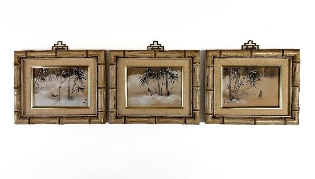 Lot of 3 Alan Hsu Paint on Silk Bird and Bamboo: Signed lower right and lower left. In very good condition with insect damate to back labels. Approx. 4.5 in. H x 6.5 in. W (visible) 8.75 in. H x 10.75 in. W x 1.125 in. D (frame) Weight 2.5 lbs. tota