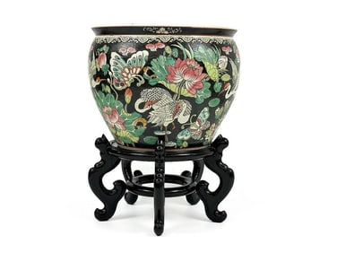 Hand Painted Porcelain Goldfish Bowl and Hardwood Stand