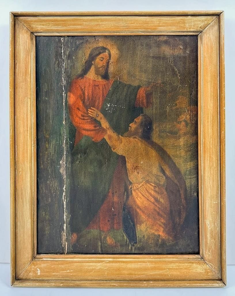 Antique Greek Icon, Oil on Wood Panel, Portrait of Christ, 1912: Oil on wood panel depicting Christ blessing a kneeling figure. Inscribed in Greek on verso. Visible artwork measures approximately 19.75 x 14.75 inches. Framed, approximately 23.75 x 18.75 inches. Wei