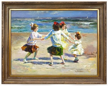 Artist Unknown, Oil on Canvas, Untitled Children on Beach