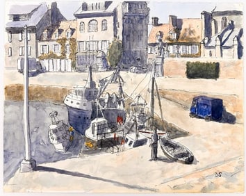 Douglas Scott (20th Century) Watercolor on Paper, Harbor Boats, Barfleur France