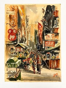 Kam Cheung Ling (1911-1991) Watercolor on Paper, Hong Kong Street Scene