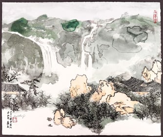 Zhang Daqian (Chang Dai-chien, 1899-1983) Lithograph, Temple in the Mountains, 1973