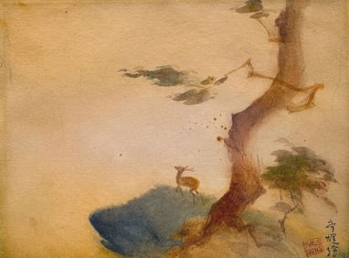 Tyrus Wong (1910-2016) Watercolor on Paper, Landscape with Deer
