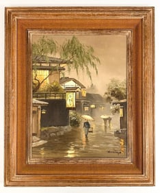 Itamiya, Oil on Canvas, Rainy Kyoto Japanese Street Scene