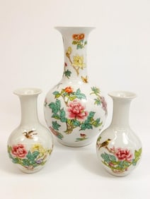 Lot of 3 Asian Porcelain Vases with Floral Decoration