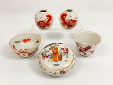 Lot of 6 Asian Porcelain Vases, Cups, and Box