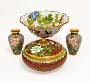 Lot of 4 Asian Cloisonne Floral Vessels
