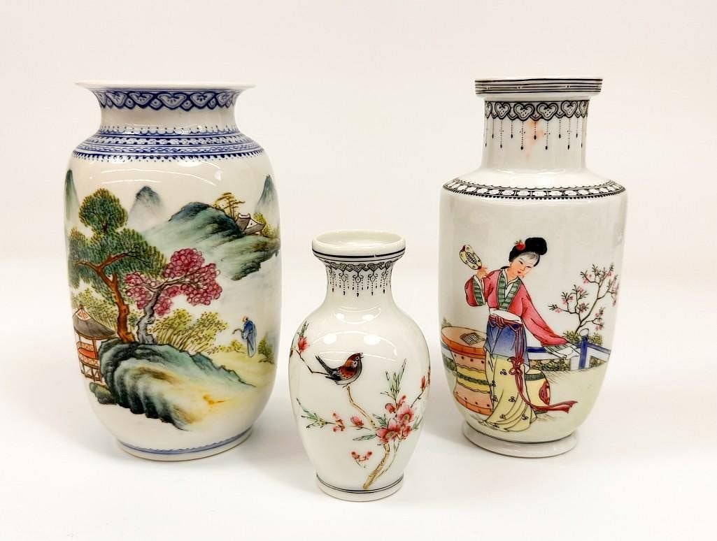 Lot of 3 Asian Porcelain Vases with Flora and Bird Motifs (1 of 3)