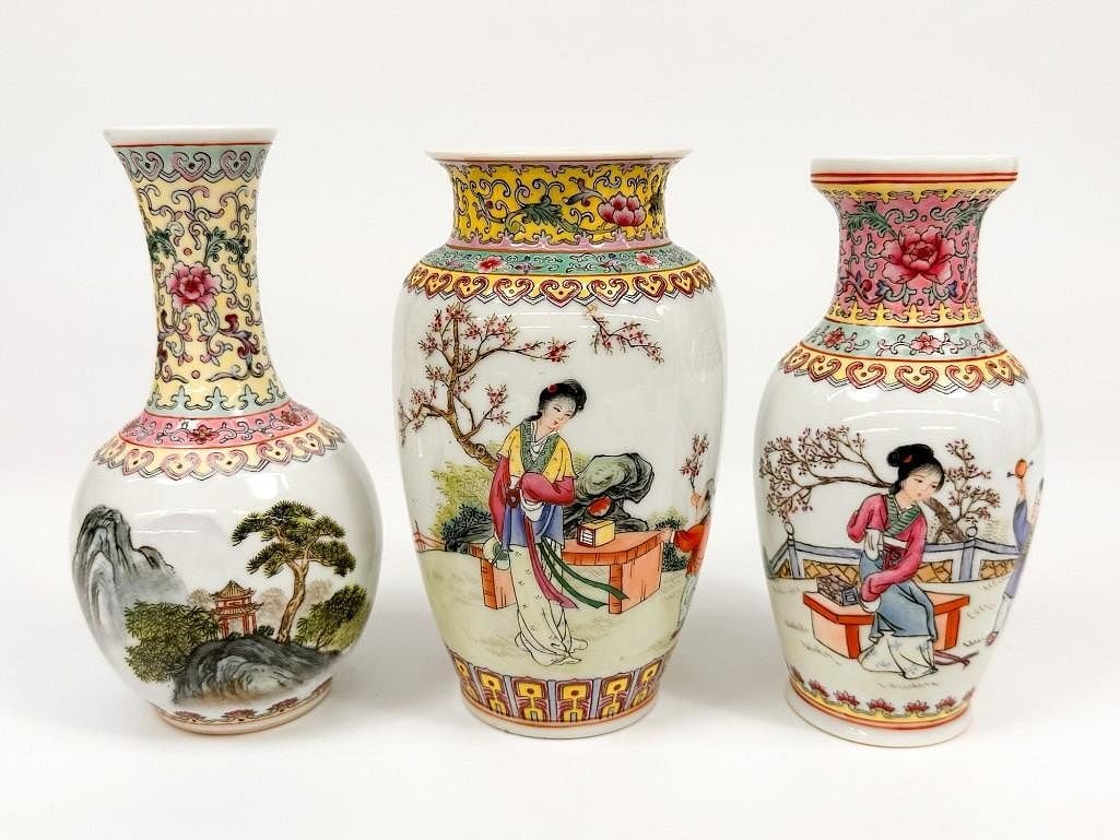 Lot of 3 Asian Porcelain Vases with Figures & Landscapes (1 of 3)