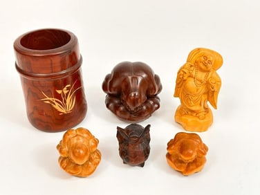 Lot of 6 Asian Carved Wood Statues and Vase