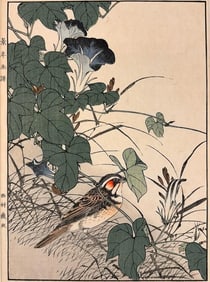 Imao Keinen (1845-1924) Woodblock on Paper, Japanese Morning-Glory, Chestnut-Eared Bunting