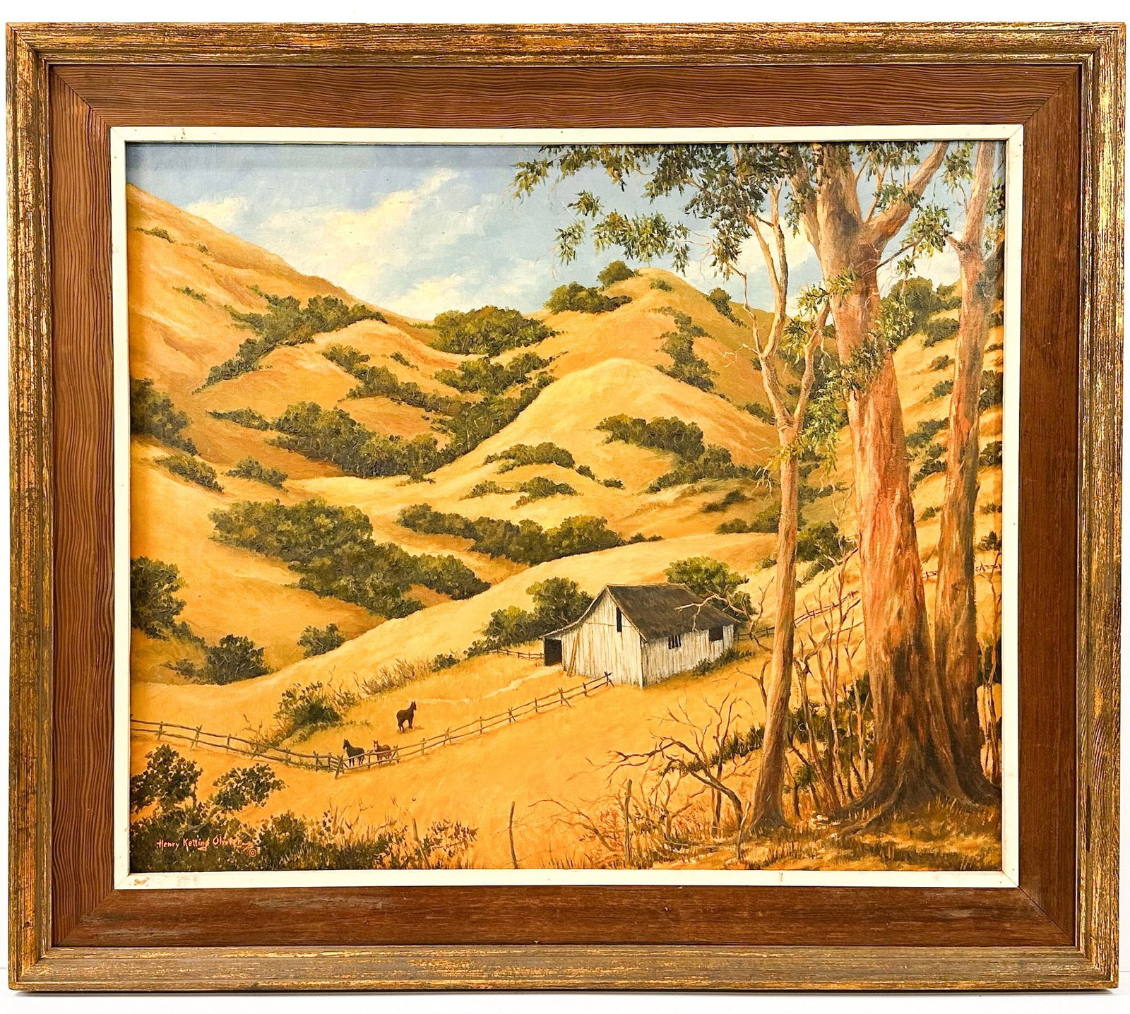 Henry Ketting Olivier (1924-2004) Oil on Canvas, Golden Valley, 1982, California: Titled "Golden Valley." Signed in the lower left and on the back side. Framed. Southern California hills north of Los Angeles. Awarded 1st Place at the Ebell Theatre, Los Angeles. Visible ar