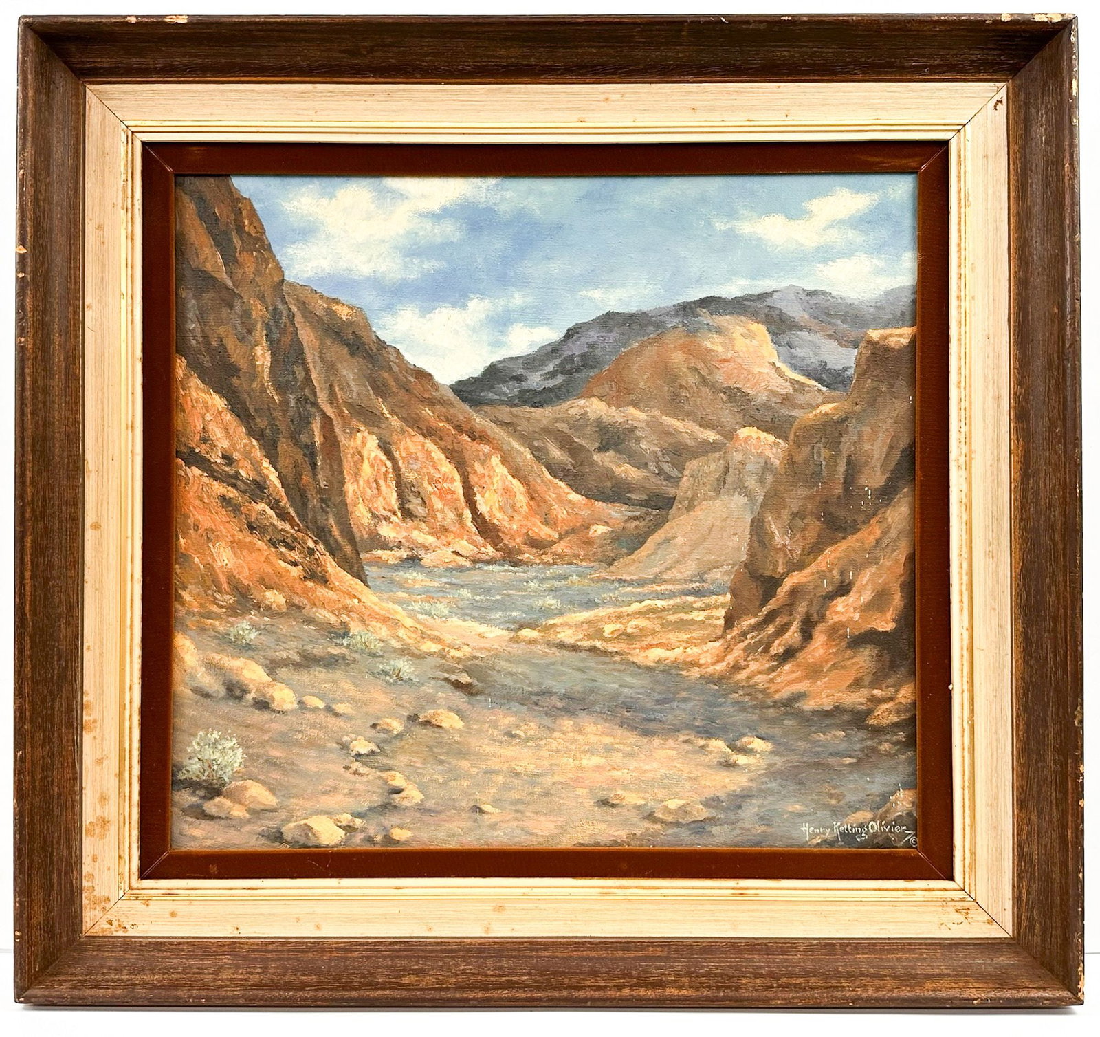 Henry Ketting Olivier (1924-2004) Oil on Canvas, Golden Canyon, Death Valley, California: Titled "Golden Canyon." Signed in the lower right and on the back side. Framed. Depicts Golden Canyon in Death Valley, California. Visible artwork is approximately 19.25 in H x 21.25 in W. F