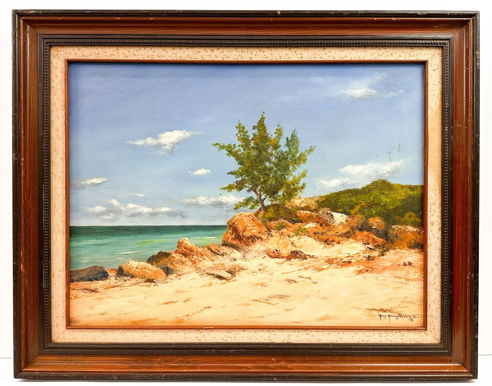 Henry Ketting Olivier (1924-2004) Oil on Canvas, Oregon, 1990: Titled Oregon. Signed in the lower right and on the back side. Framed. Coastal scene from Oregon. Visible artwork is approximately 17.5 in H x 23.25 in W. Frame is approximately 23.75 in H x 29.75 in 