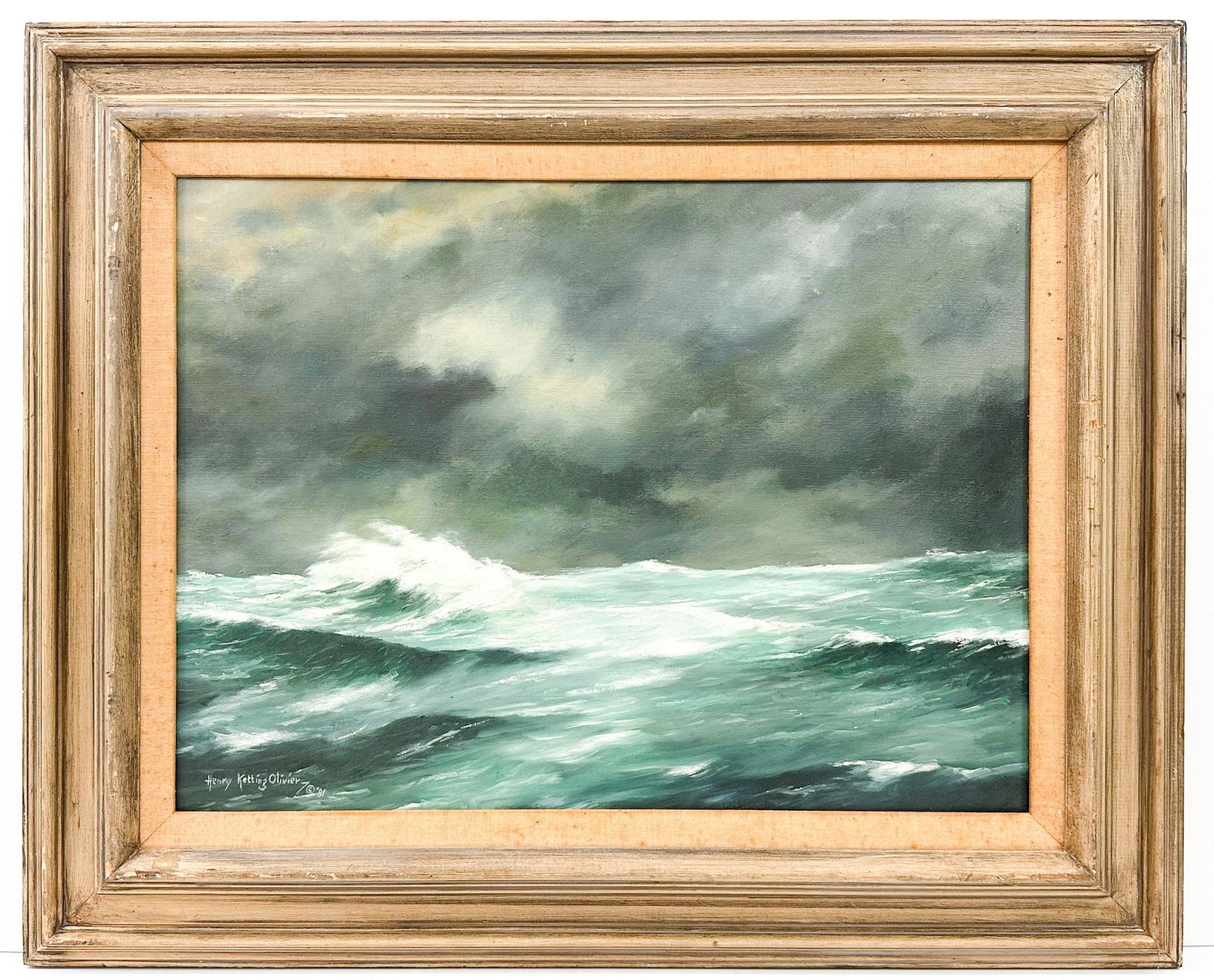 Henry Ketting Olivier (1924-2004) Oil on Canvas, Stormy Weather, 1981, California: Titled "Stormy Weather." Signed in the lower left and on the back side. Framed. Depicts a seascape likely on California coast. Visible artwork is approximately 17.5 in H x 23.5 in W. Frame i