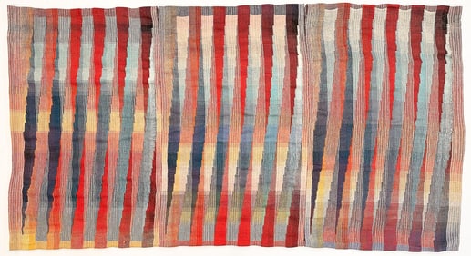 Judith Poxson Fawkes (1941-2019) Midcentury Fiber Art Tapestry, Multicolored Graphic Lines