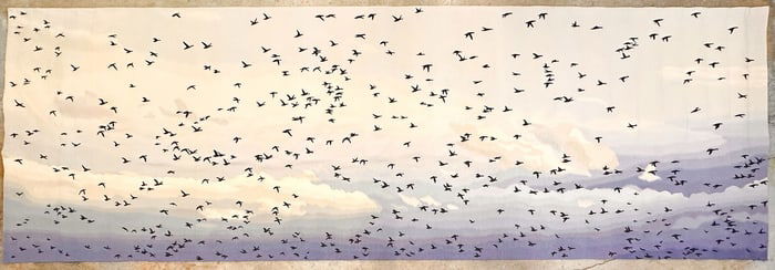 Large Midcentury Hand Woven Wool Fiber Art Tapestry, Birds Flying in the Sky