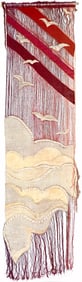 Large Midcentury Wool and Silk Fiber Art Tapestry, Birds Flying at Sunset