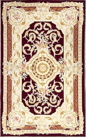 Aubusson Style Rug with Maroon Floral Motif, 5'x8'