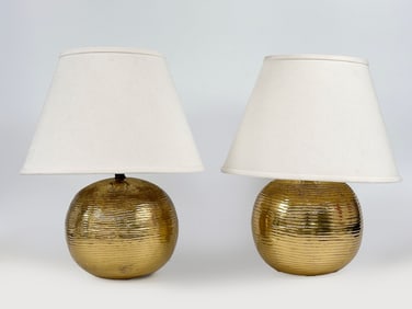 Pair Vintage 1970s Spherical Brass Table Lamps