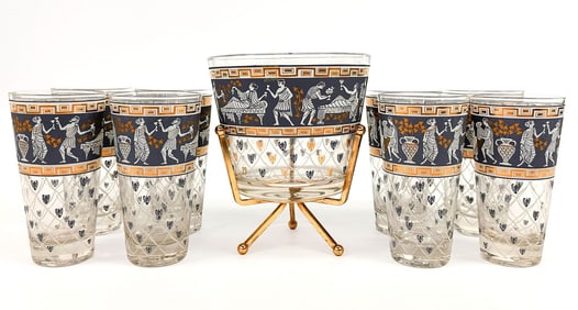 Set of 8 Vintage Etruscan Frieze Cera Highball Glasses and Ice Bucket